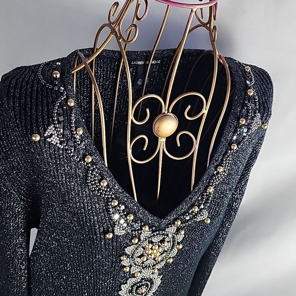 Metallic Beaded Sequin V Neck Sweater Size L
